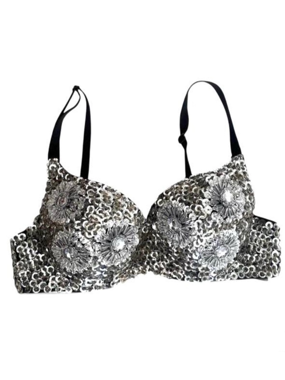 Silver Sequin Floral Embellished Push-Up Bra